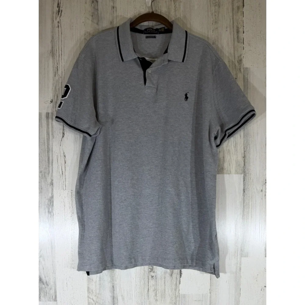 Polo Ralph Lauren Gray Knit Polo Shirt XXL Custom Slim Fit Number 2 Patch